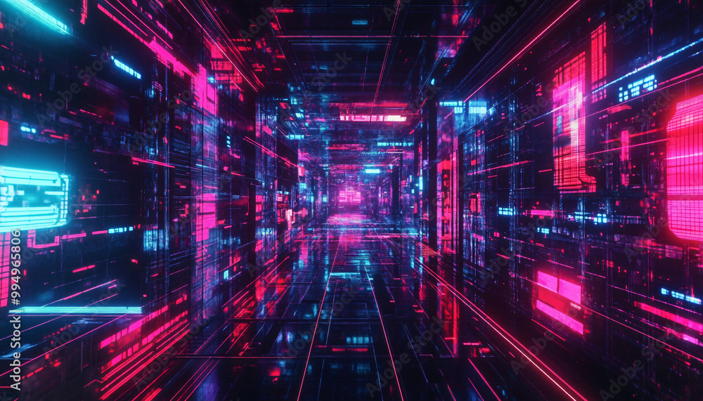 Fototapeta premium A retro-futuristic design with neon grids, VHS glitches, and pixelated elements, taking inspiration from 80s sci-fi movies and video games