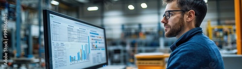 Purchasing manager in a factory office, reviewing supplier delivery schedules on a computer screen