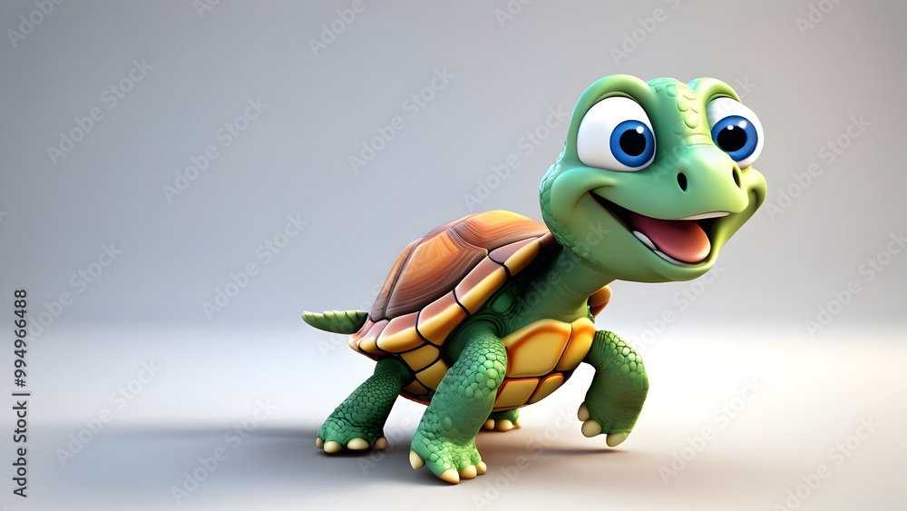 Fototapeta premium Benny is a high-energy, playful turtle who’s always bouncing around with excitement, despite his slow movements. He loves sports like soccer, though his kicks are hilariously slow. His shell has color