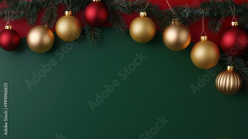 Festive Christmas ornaments hang elegantly from lush greenery on a rich green background, perfect for holiday cheer.