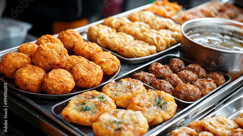 Variety of freshly prepared street food snacks displayed at a bustling market stall in the city