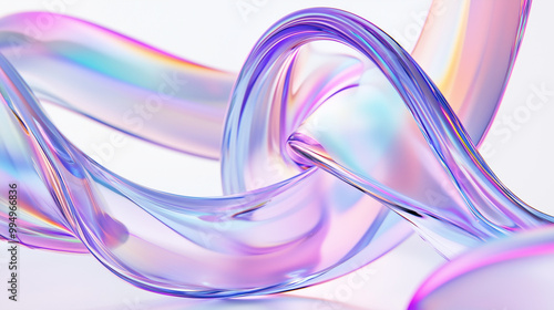 3D render of an abstract background featuring an iridescent glass ribbon in motion against a white backdrop, showcasing close-up holographic colors.