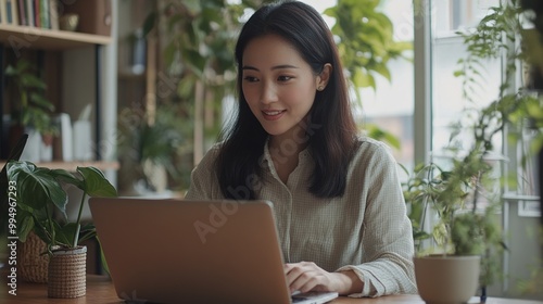 A woman works on a laptop in a bright, plant-filled space, exuding a calm and focused atmosphere.