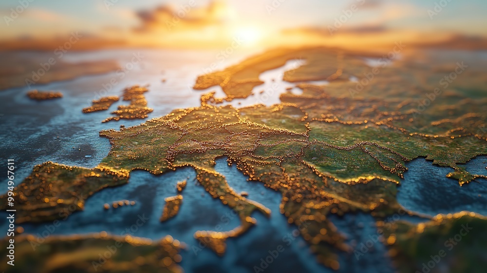 The physical map of European countries is showcased in a satellite view with the sunrise visible on the horizon. The physical map of European countries is showcased in a satellite view with the sunrise visible on the horizon.