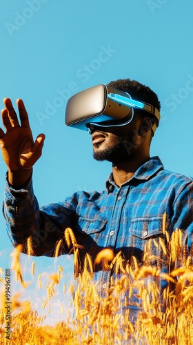 Tilted angle view of a farmer using immersive VR technology, vibrant fields and advanced gadgets surrounding him, bright colors photo