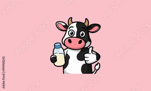 Smiling cow holding a milk bottle and giving a thumbs up