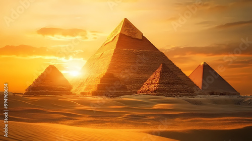 Pyramids at sunset in egypt. fantasy egyptian landscape, fiction view. scenery of desert, sand and ancient monuments. Ancient Egypt. Illustration