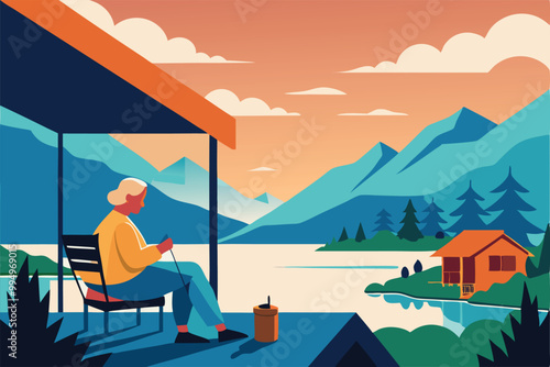 An older woman knits on a porch overlooking a lake and mountains, enjoying the scenic view.