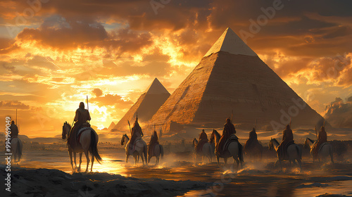 Pyramids in ancient egypt during the flooding of the nile. Ancient Egypt. Illustration photo