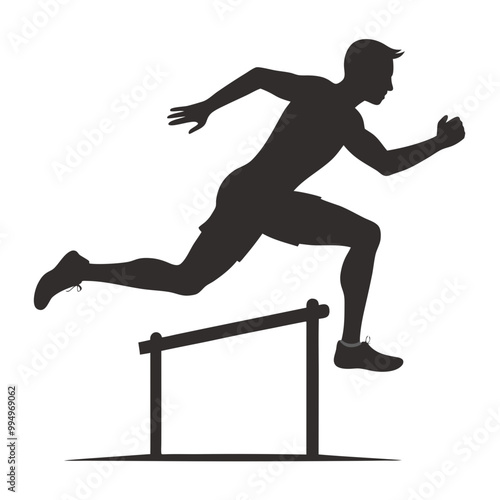 Male athlete running hurdles in athletics race, black silhouette vector art illustration	