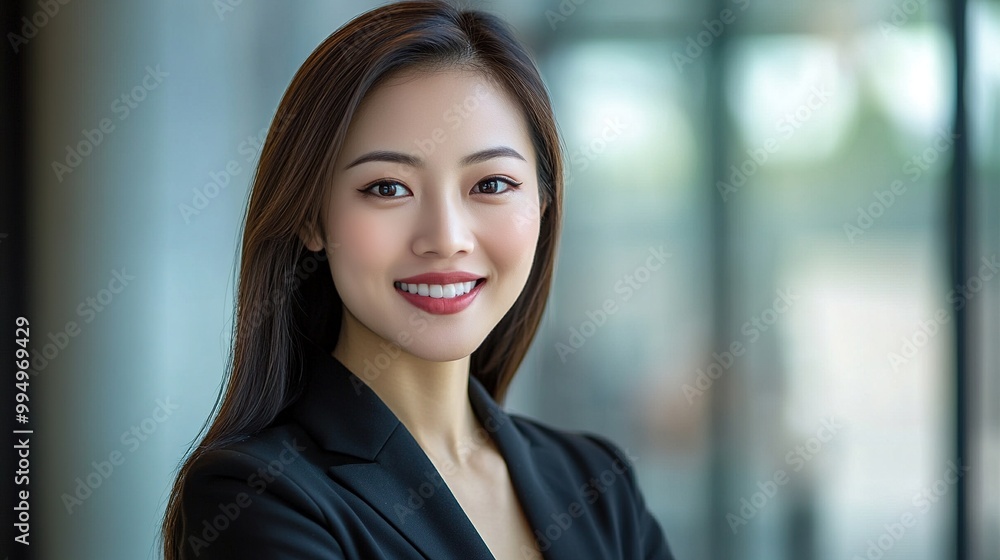Fototapeta premium A professional woman in a business suit smiles confidently, set against a modern, blurred backdrop.