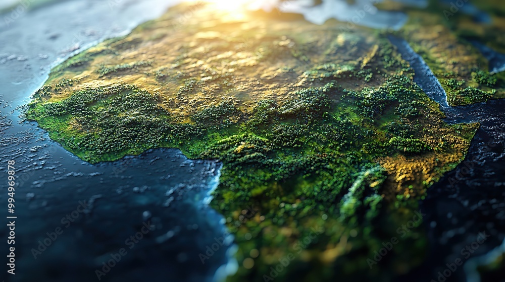 The sun shines over a highly detailed view of Earth, focusing on Africa, showcasing a 3D illustration with furnished elements. The sun shines over a highly detailed view of Earth, focusing on Africa, showcasing a 3D illustration with furnished elements.