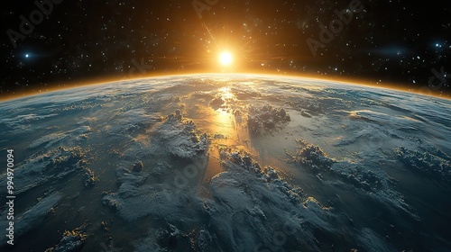 The sun shines over Earth from space, casting a bright light on the planet's surface.