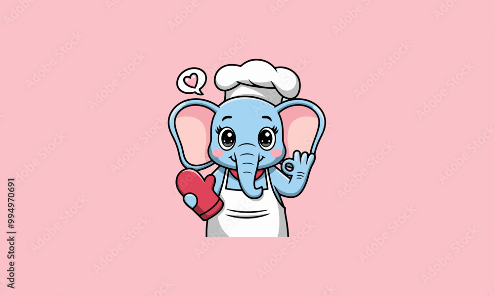 Adorable elephant chef holding a heart and an oven mitt Adorable elephant chef holding a heart and an oven mitt