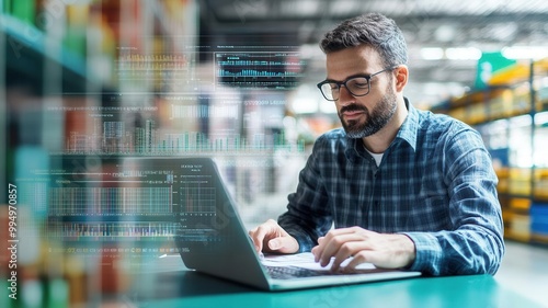 Logistics manager analyzing quality control reports on a laptop, supply chain data displayed on the screen