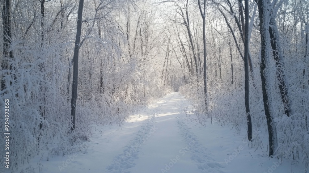 A snow-covered path winding through a wintery forest A snow-covered path winding through a wintery forest