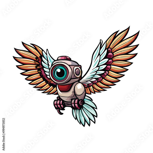 A robotic bird with large wings, flying in a futuristic garden.