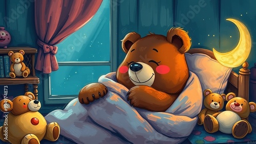 A cartoonish illustration of a snuggly bear in its cozy bedroom, wrapping up in a blanket with a silly grin, surrounded by sleepy toys and a crescent moon shining through the window. photo