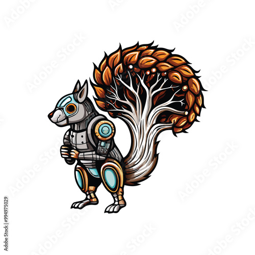 A cartoon robot squirrel with a bushy tail made of fiber optic cables, standing on all fours.