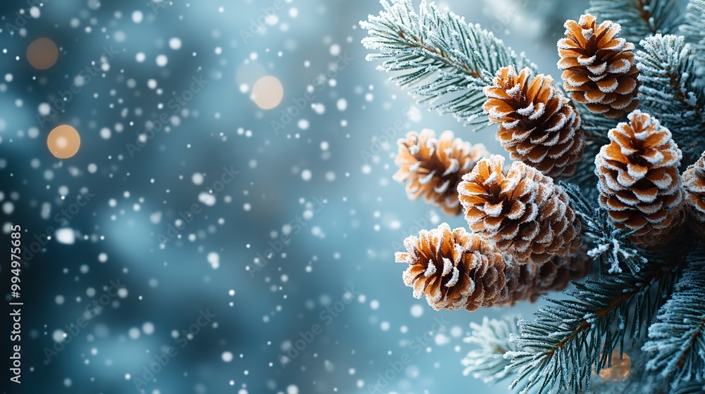 Tree branches and pine cones under snowfall on a frosty blue background, perfect for winter and holiday-themed cards. Tree branches and pine cones under snowfall on a frosty blue background, perfect for winter and holiday-themed cards.