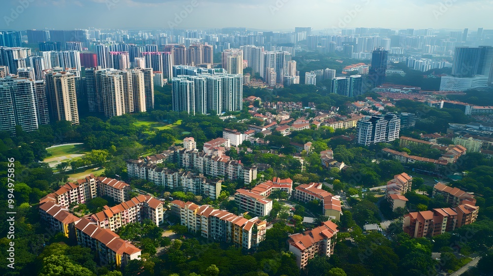 Naklejka premium Aerial View of Urban Housing Development Surrounded by Lush Green Foliage