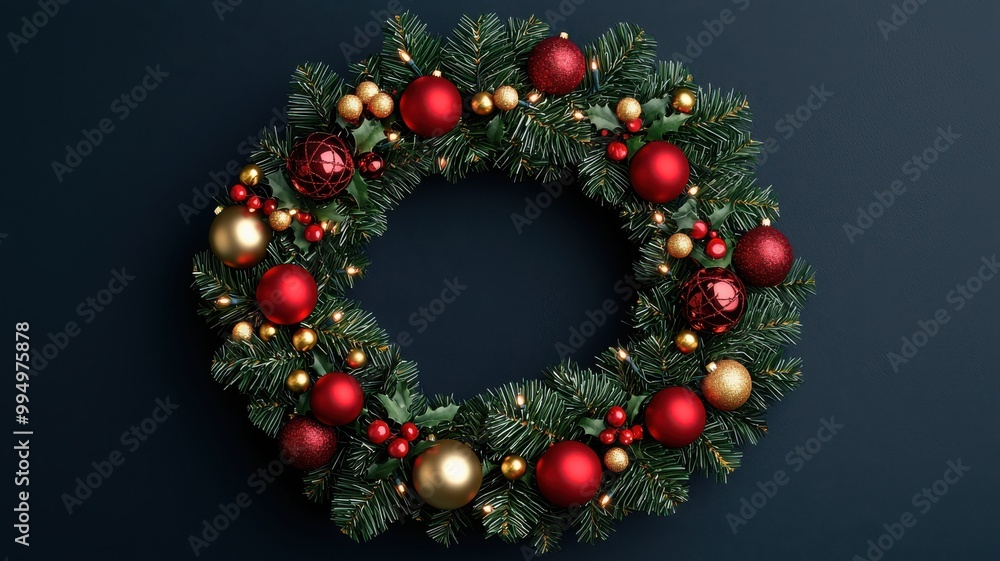 A vibrant Christmas wreath adorned with shiny ornaments, perfect for holiday decorations and festive celebrations. A vibrant Christmas wreath adorned with shiny ornaments, perfect for holiday decorations and festive celebrations.