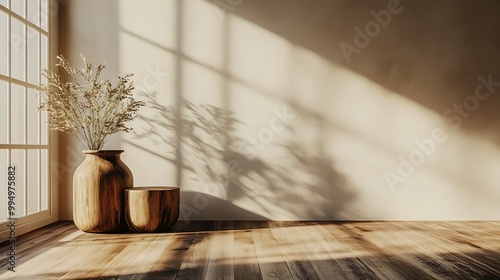 Minimalist interior with vases and natural light.