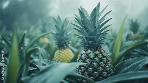 Lush green pineapple plants thrive in misty field, showcasing ripe pineapples ready for harvest. serene atmosphere enhances beauty of this tropical landscape