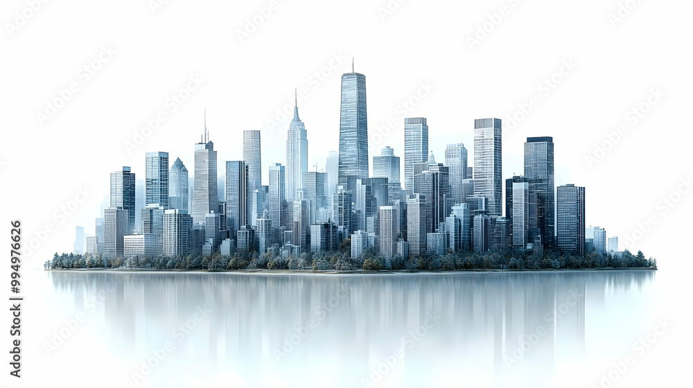 Modern City Skyline with Tall Buildings and Reflection in Water Modern City Skyline with Tall Buildings and Reflection in Water