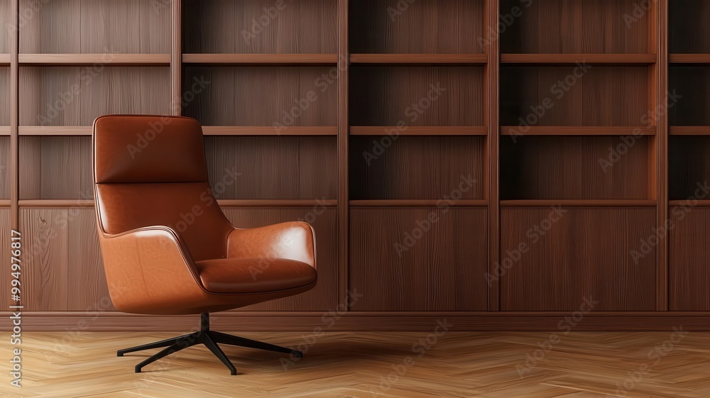 Fototapeta premium Vegan leather recliner chair in a cozy, sophisticated home library, surrounded by builtin bookshelves and warm wooden floors, 3D illustration