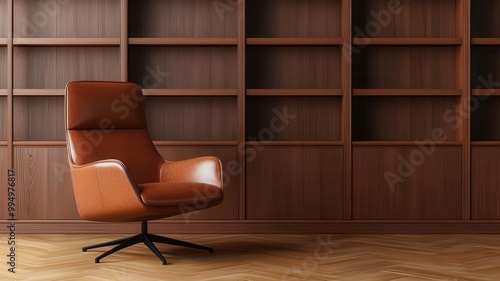 Vegan leather recliner chair in a cozy, sophisticated home library, surrounded by builtin bookshelves and warm wooden floors, 3D illustration