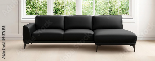 Architectdesigned vegan leather sectional, in a modern living space with large windows, natural light, and sleek decor, 3D illustration photo