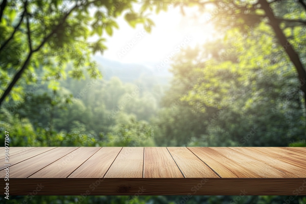 Table top wood counter floor podium in nature outdoors.generative ai Table top wood counter floor podium in nature outdoors.generative ai