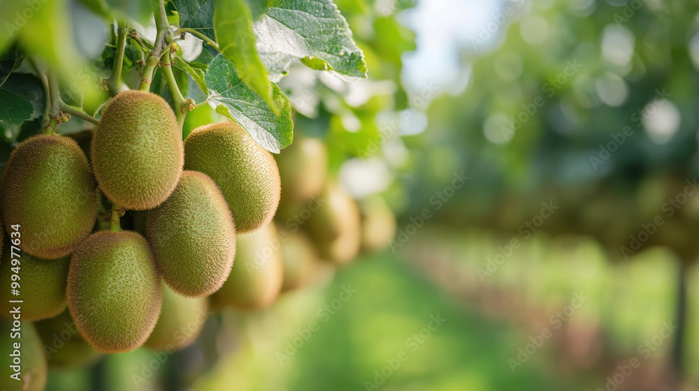 Lush green kiwi fruits hang from branches, showcasing their fuzzy texture and vibrant color in sunlit orchard. scene evokes sense of freshness and abundance Lush green kiwi fruits hang from branches, showcasing their fuzzy texture and vibrant color in sunlit orchard. scene evokes sense of freshness and abundance