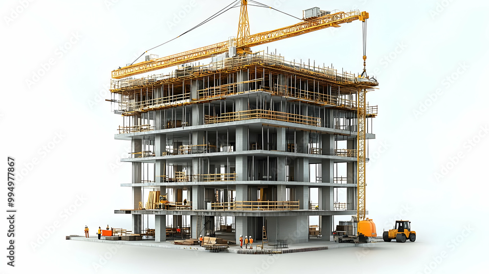 Construction Site: Workers Build a Skyscraper with a Crane Construction Site: Workers Build a Skyscraper with a Crane