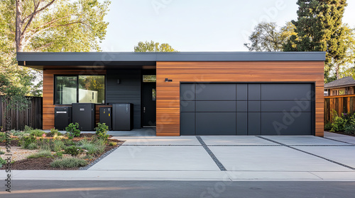 Modern garage with sleek design and smart battery storage, featuring wooden accents and minimalist aesthetic. clean lines and contemporary style create inviting atmosphere