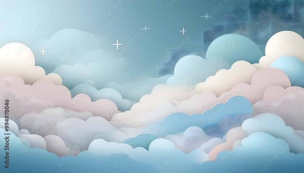 The sky background is filled with pastel fluffy clouds in a paper layer format. The sky background is filled with pastel fluffy clouds in a paper layer format.