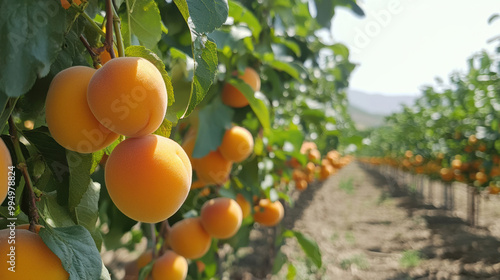 Fresh apricots hanging on trees in vibrant orchard, showcasing beauty of nature and bounty of summer. lush green leaves complement bright orange fruit, creating picturesque scene