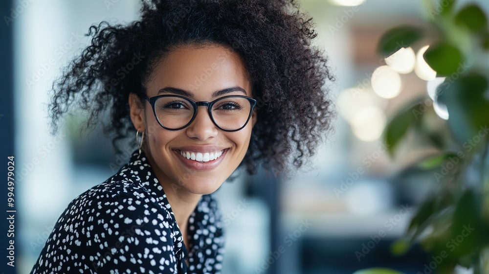 A cheerful woman with curly hair and glasses smiles brightly against a blurred, modern backdrop filled with greenery.