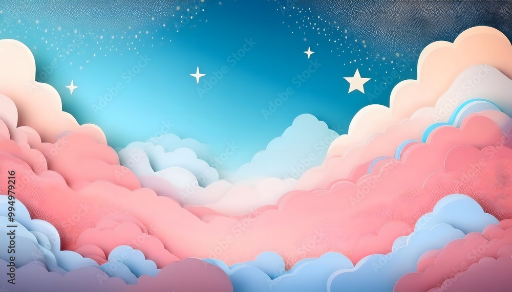 The sky background is filled with pastel fluffy clouds in a paper layer format. The sky background is filled with pastel fluffy clouds in a paper layer format.