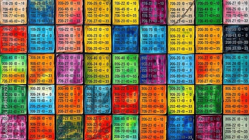 A geometric grid of squares, each filled with various genetic code combinations, illustrating the concept of heredity and probability in a visually engaging, educational manner. photo