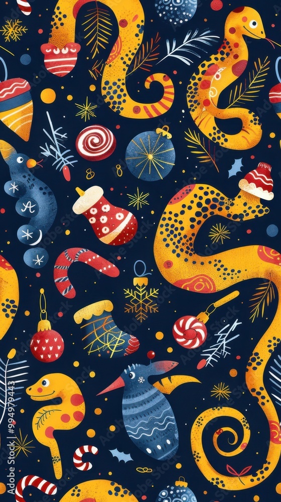 Cute cartoon snakes of different breeds and Christmas decorations, candy, gifts, garlands, cookies. Festive illustration - snake on winter holidays. Seamless pattern Cute cartoon snakes of different breeds and Christmas decorations, candy, gifts, garlands, cookies. Festive illustration - snake on winter holidays. Seamless pattern