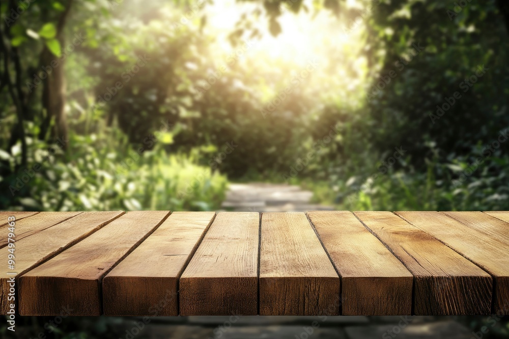 Table top wood counter floor podium in nature outdoors.generative ai Table top wood counter floor podium in nature outdoors.generative ai