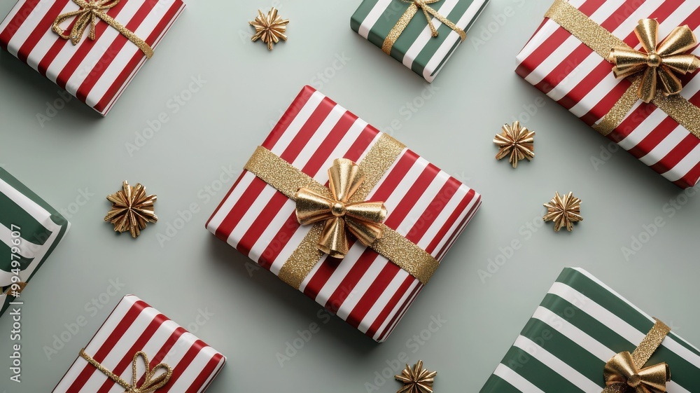 Fototapeta premium Colorful holiday gifts wrapped in festive paper with gold bows, perfect for Christmas celebrations and seasonal decoration ideas.