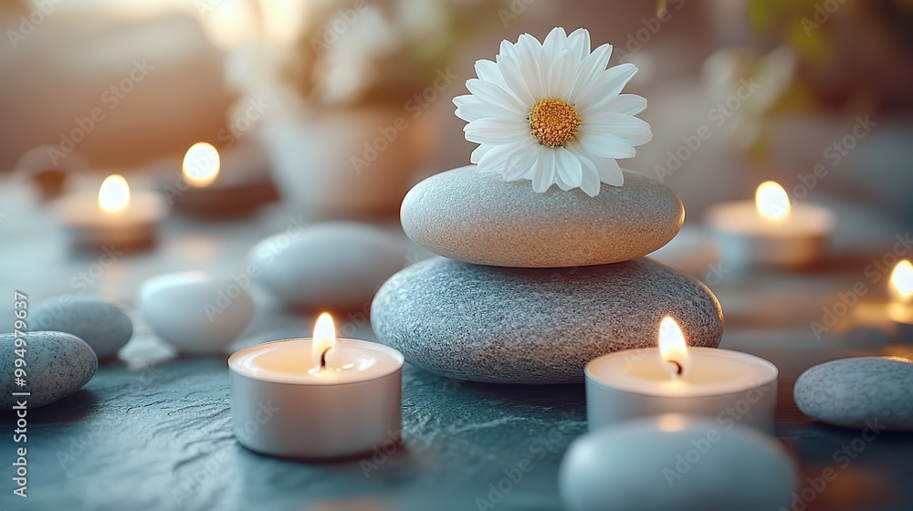 Zen stones, candles, and a white flower are featured on a beige background, creating a calm and harmonious atmosphere for wellness and spa. Zen stones, candles, and a white flower are featured on a beige background, creating a calm and harmonious atmosphere for wellness and spa.