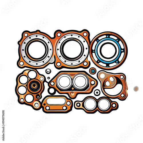 A set of engine gaskets laid out showing the various shapes and sizes.