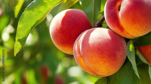 Fresh peaches hanging on tree branch, showcasing their vibrant colors and lush green leaves. juicy fruit symbolizes summer and abundance, inviting sense of warmth and sweetness