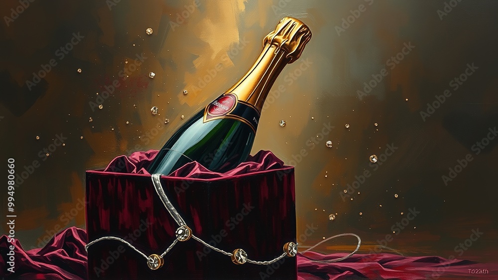 Fototapeta premium A luxuriantly gift-wrapped champagne bottle rises from a velvet-covered box, surrounded by delicate silver thread and a sprinkling of glittering stud diamonds on a dark, richly toned background.
