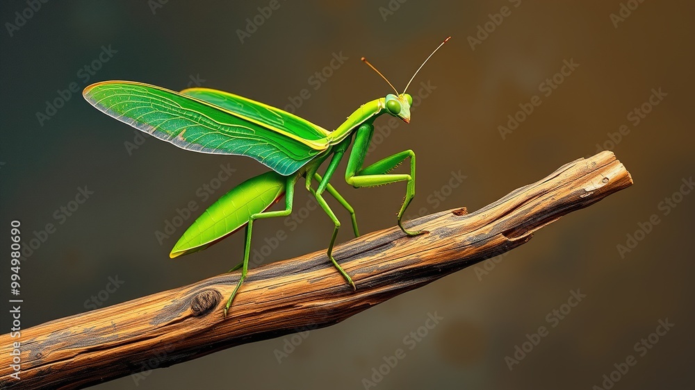 A majestic, emerald green, wing-spread giant Asian praying mantis perches delicately on a rustic wooden branch, its long, slender body exuding power and serenity. A majestic, emerald green, wing-spread giant Asian praying mantis perches delicately on a rustic wooden branch, its long, slender body exuding power and serenity.