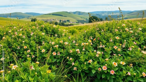 A lush meadow scene with verdant bush shrubs, adorned with vibrant greenery, bursting with fresh foliage and delicate flowers, against a serene background of rolling hills.